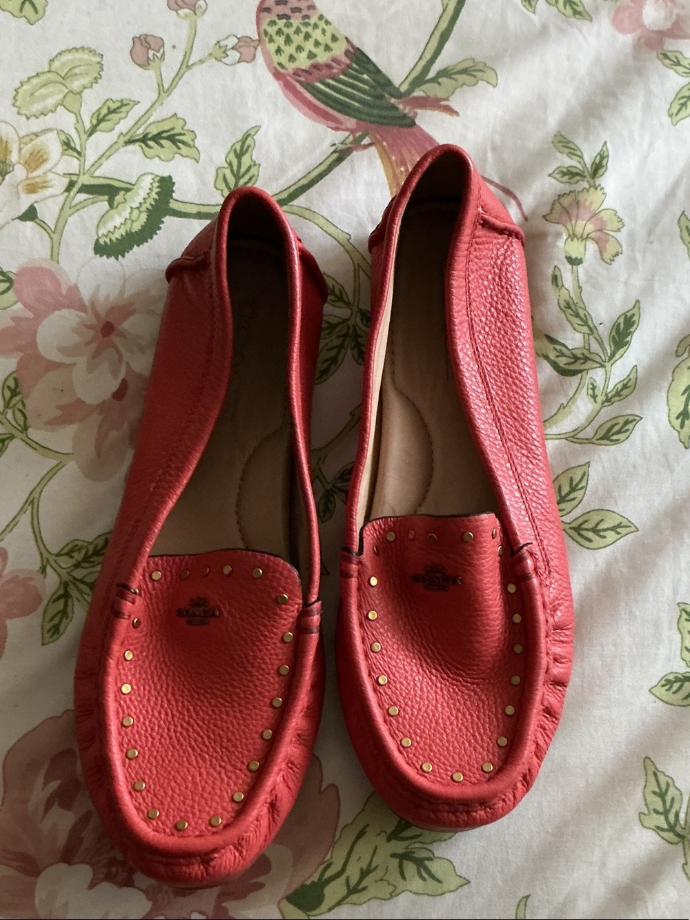 Coach Coral Red Pebbled Leather Driving Moccasins